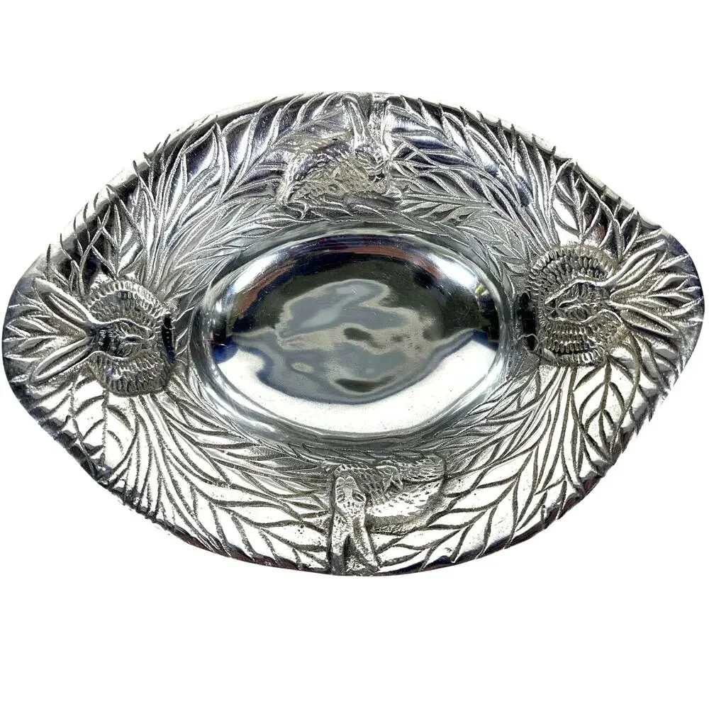 Oval Aluminum Bowl Embossed in a Bunny/Leaf Pattern 13.25